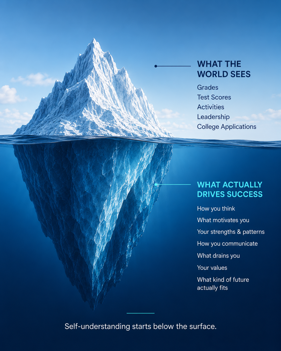 An iceberg showing visible student achievements — grades, test scores, activities, leadership, and college applications — above the water, and the deeper self-understanding that drives success below the surface: how you think, what motivates you, your strengths and patterns, how you communicate, what drains you, your values, and what kind of future fits.